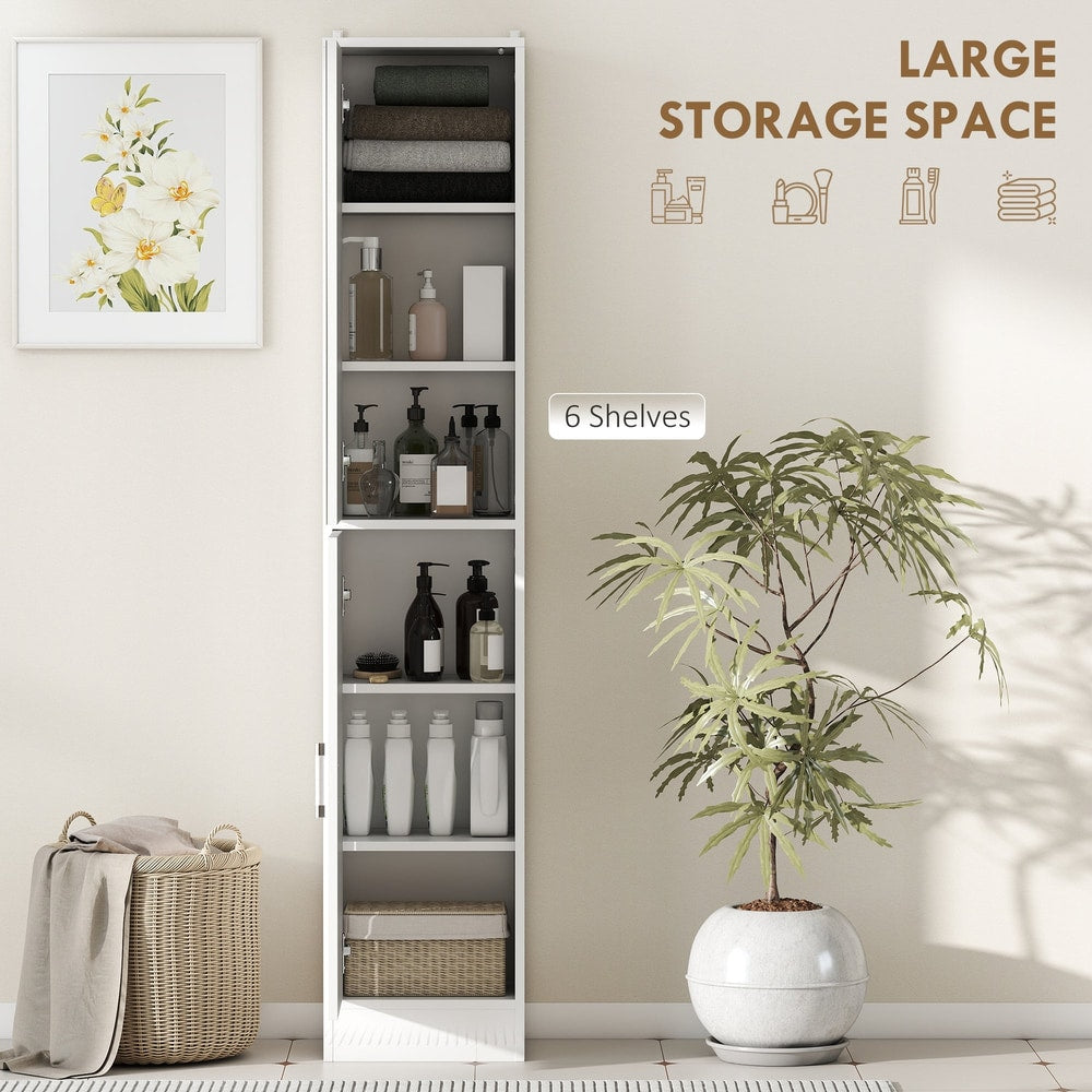 the tall bathroom cabinet with mirror and adjustable shelf with doors open showing six shelves of storage space