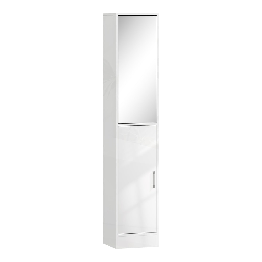 kleankin Tall Bathroom Cabinet with Mirror and Adjustable Shelf, a tall white high gloss storage unit with a mirrored door