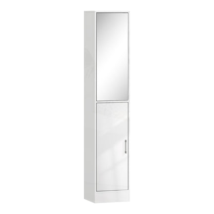 kleankin Tall Bathroom Cabinet with Mirror and Adjustable Shelf, a tall white high gloss storage unit with a mirrored door