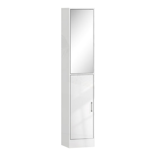 kleankin Tall Bathroom Cabinet with Mirror and Adjustable Shelf, a tall white high gloss storage unit with a mirrored door