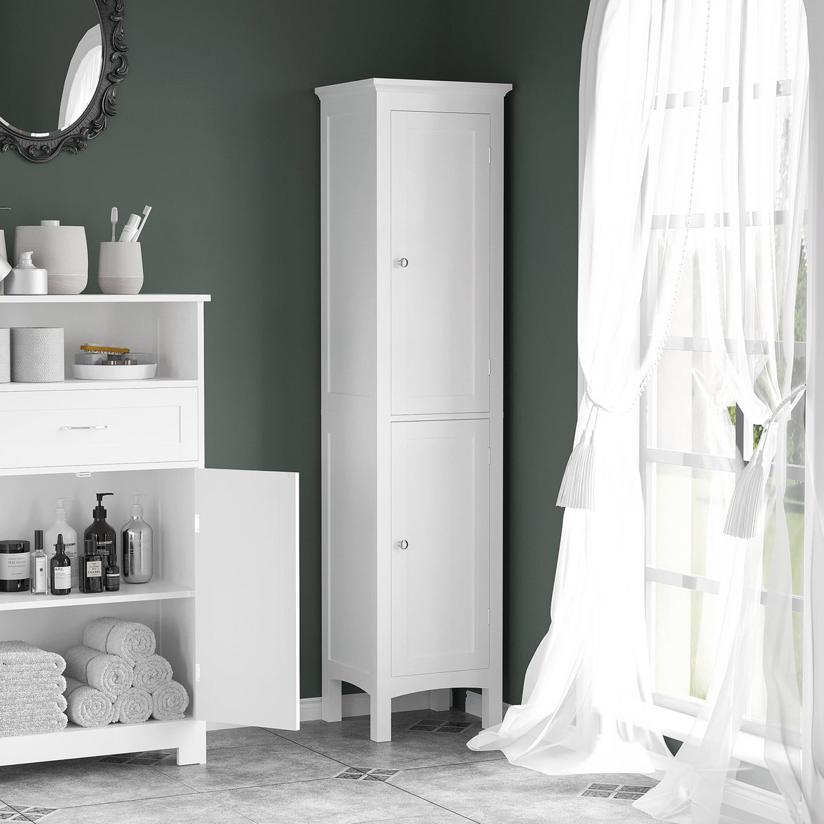 the bathroom cabinet shown in a stylish bathroom setting with an open door