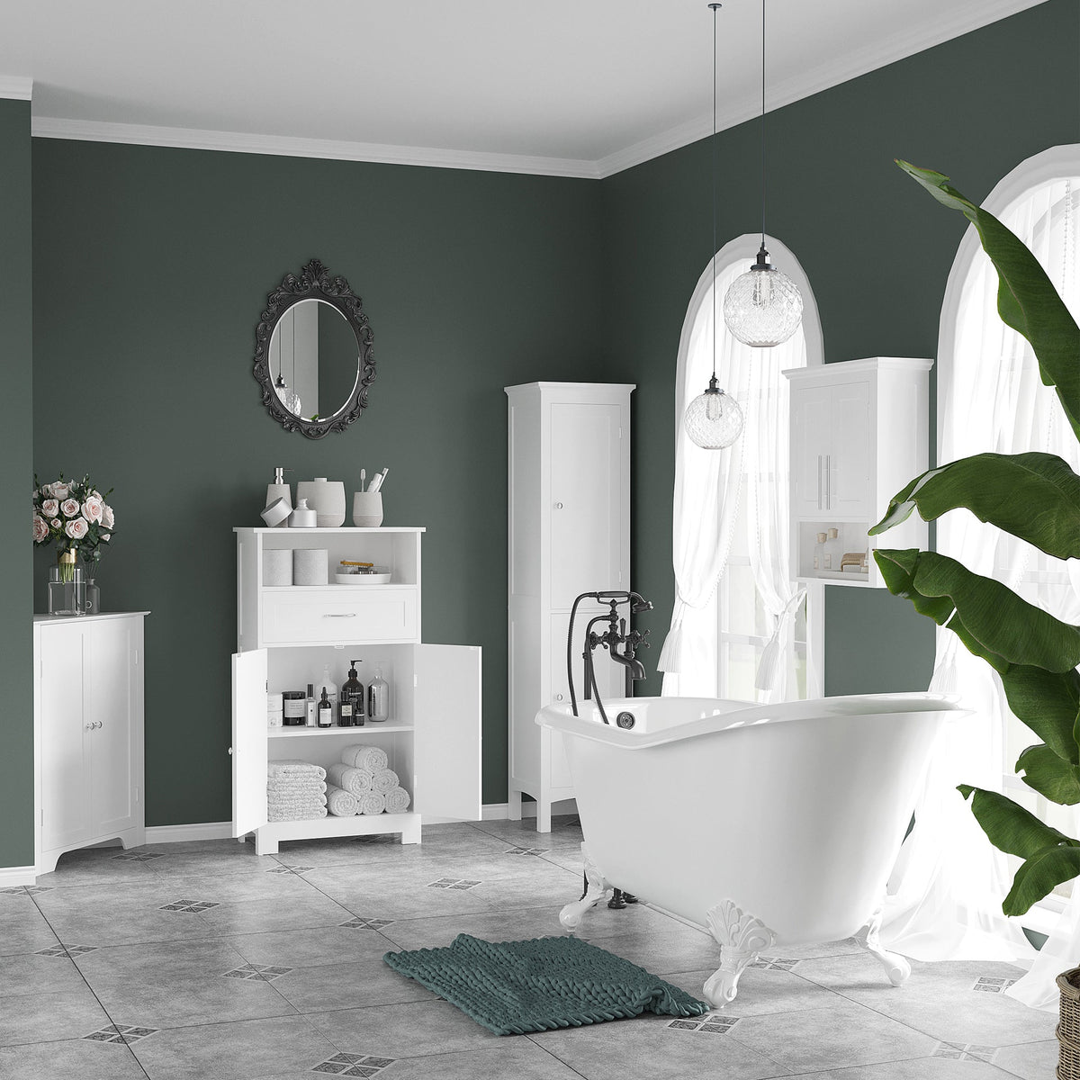 the white bathroom cabinet in a spacious bathroom with a freestanding bath