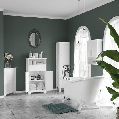 the white bathroom cabinet in a spacious bathroom with a freestanding bath