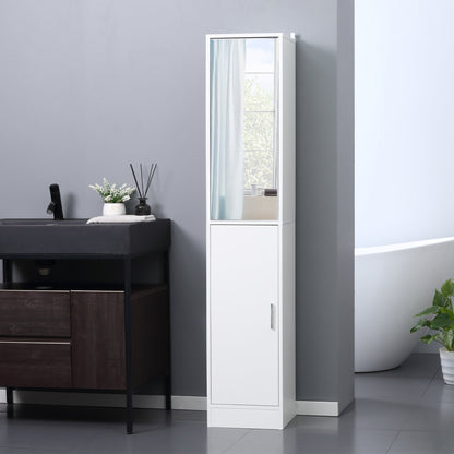 the white bathroom cabinet with mirror in a modern bathroom setting next to a sink and bathtub