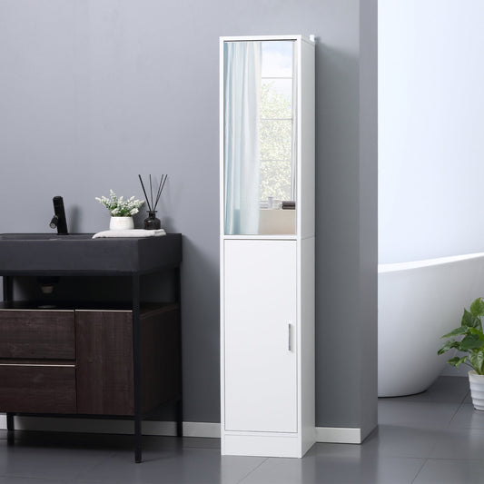 the white bathroom cabinet with mirror in a modern bathroom setting next to a sink and bathtub