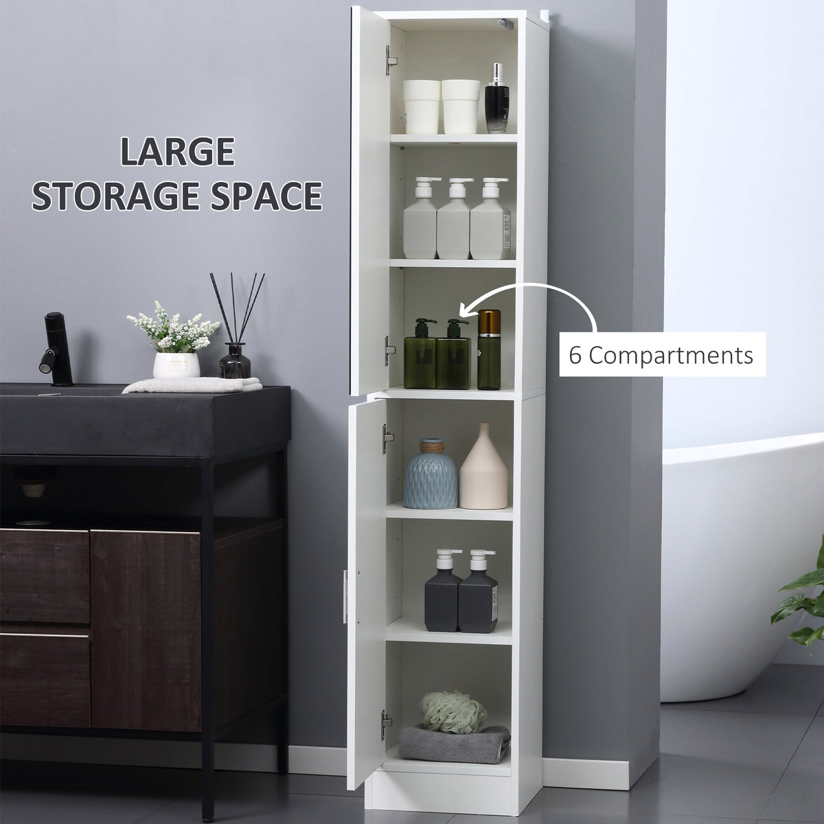 the open white bathroom cabinet showing six storage compartments with various toiletries inside