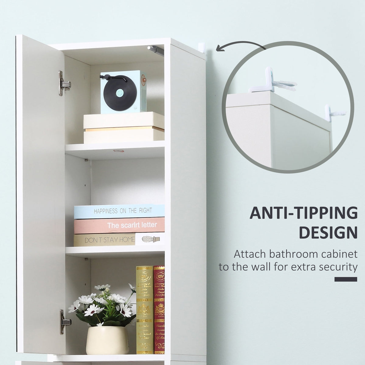 close up of the anti-tipping safety device attached to the top of the white bathroom cabinet