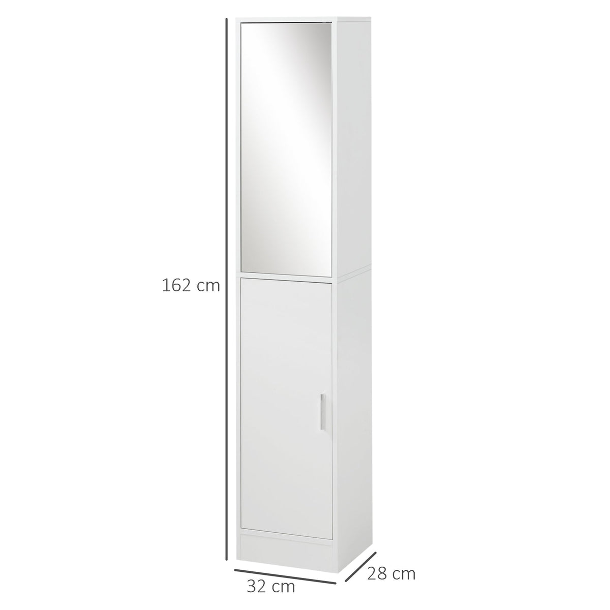 the tall white bathroom cabinet with mirror showing its dimensions