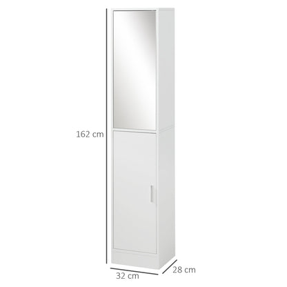 the tall white bathroom cabinet with mirror showing its dimensions