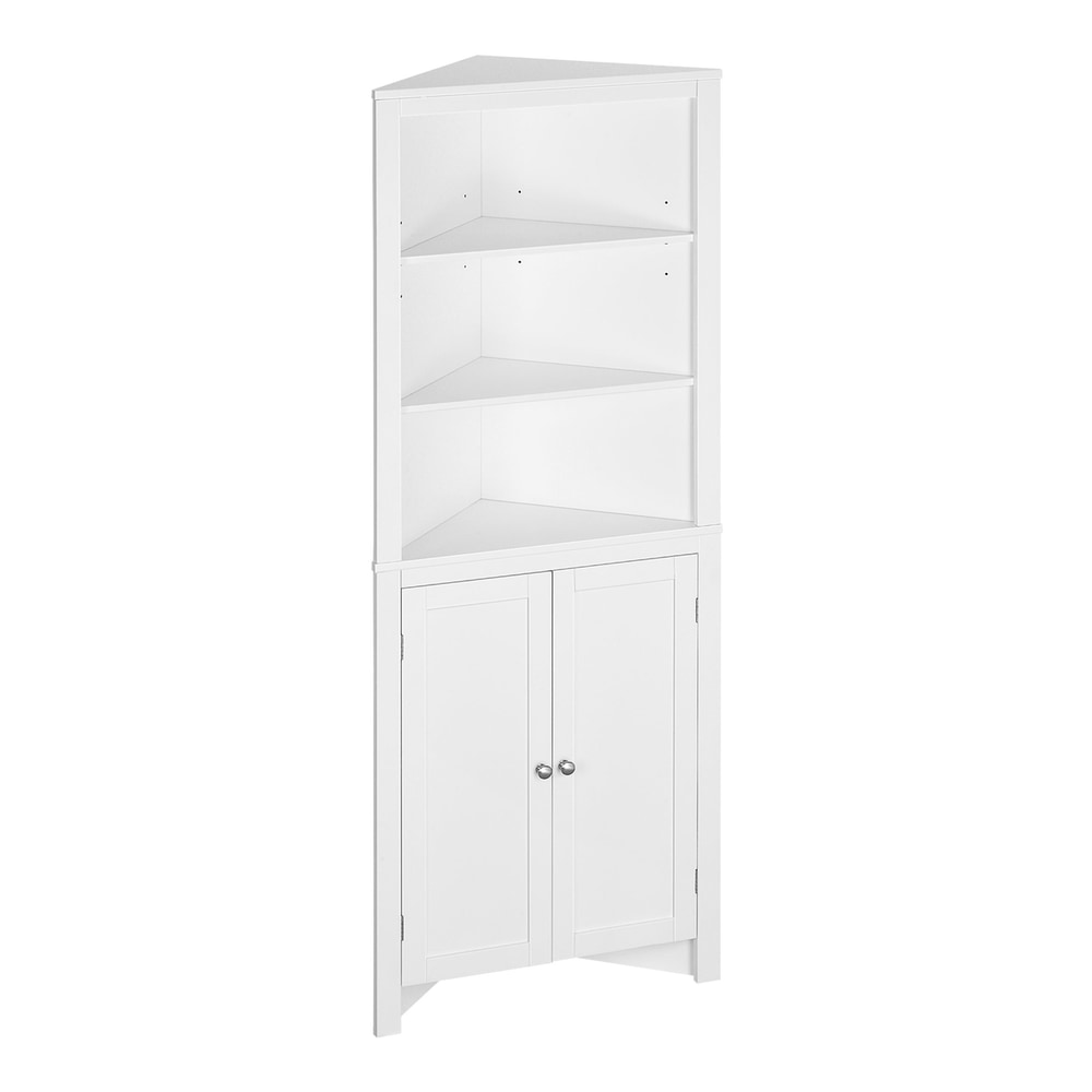 kleankin Triangle Bathroom Cabinet, a white corner storage unit with two doors and three shelves