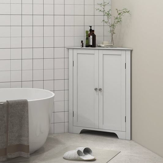 The white triangle bathroom cabinet placed in a modern bathroom next to a bathtub