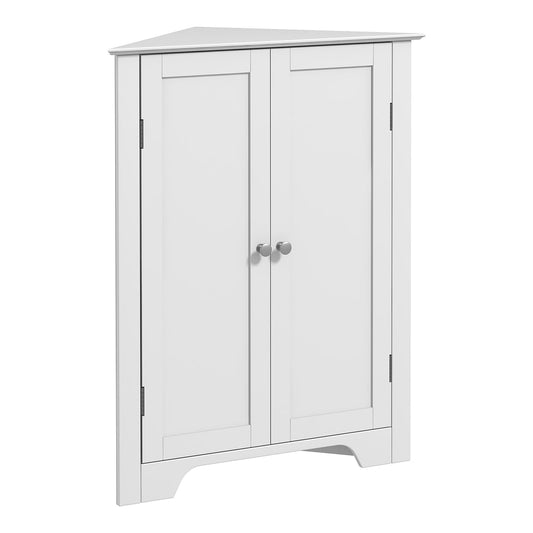 kleankin Triangle Bathroom Cabinet, a white freestanding corner storage unit with two doors and silver handles