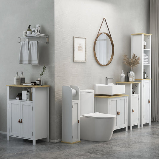 the bathroom cabinet placed in a modern room setting with other matching furniture pieces
