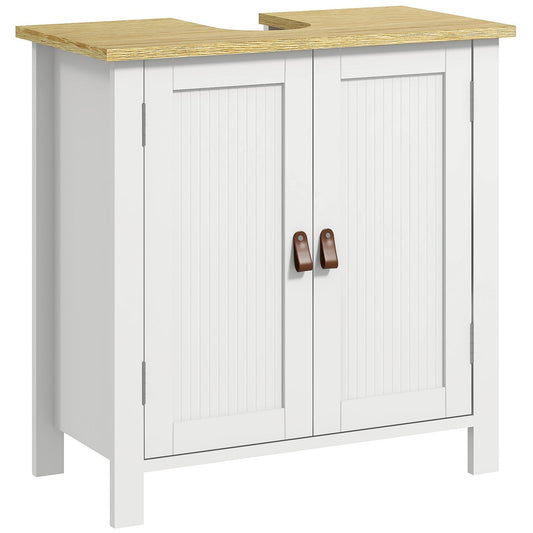 kleankin Under Sink Bathroom Cabinet for Basin without Pedestal with white doors and wood top