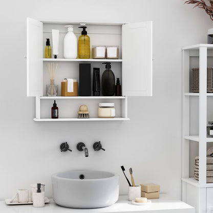 the wall-mounted bathroom cabinet mirror in use above a sink, with doors open