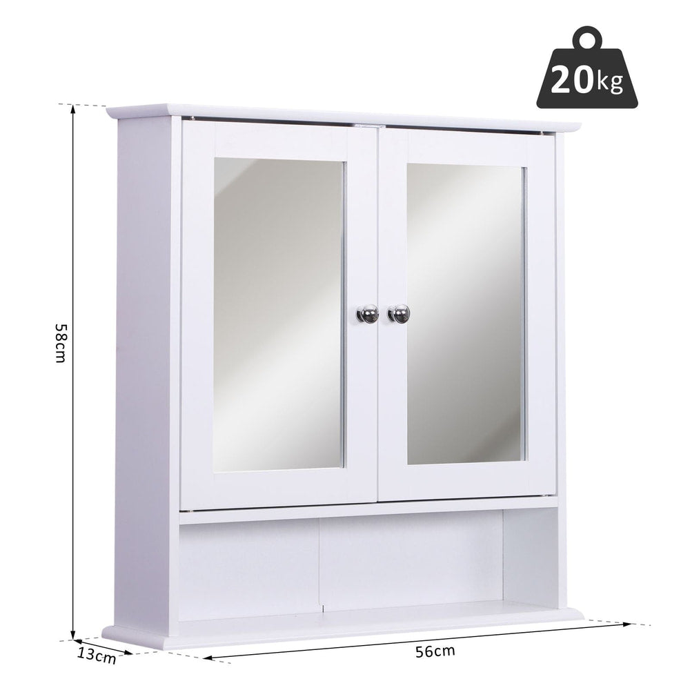 the white bathroom cabinet mirror with dimensions indicated