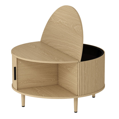 HOMCOM Coffee Table with Lift Top and Hidden Storage, Round Centre Table with Fluted Sliding Door, 80 cm, Natural Wood