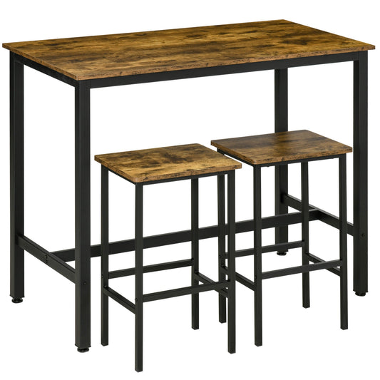 طقم طاولة بار HOMCOM 120x60 سم، طاولة إفطار مع مقعدين، طاولة طعام وكرسيين بارتفاع كونترتوب من 3 قطع للمطبخ وغرفة المعيشة، بني ريفي