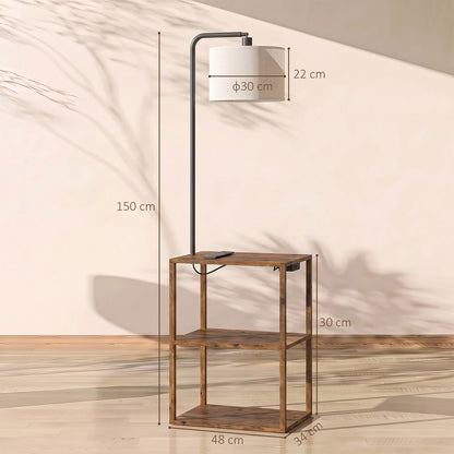 HOMCOM Dimmable Floor Lamp with Shelves, Charging Station, 3-Tier Storage Table, Adjustable Fabric Lampshade, Rustic Brown