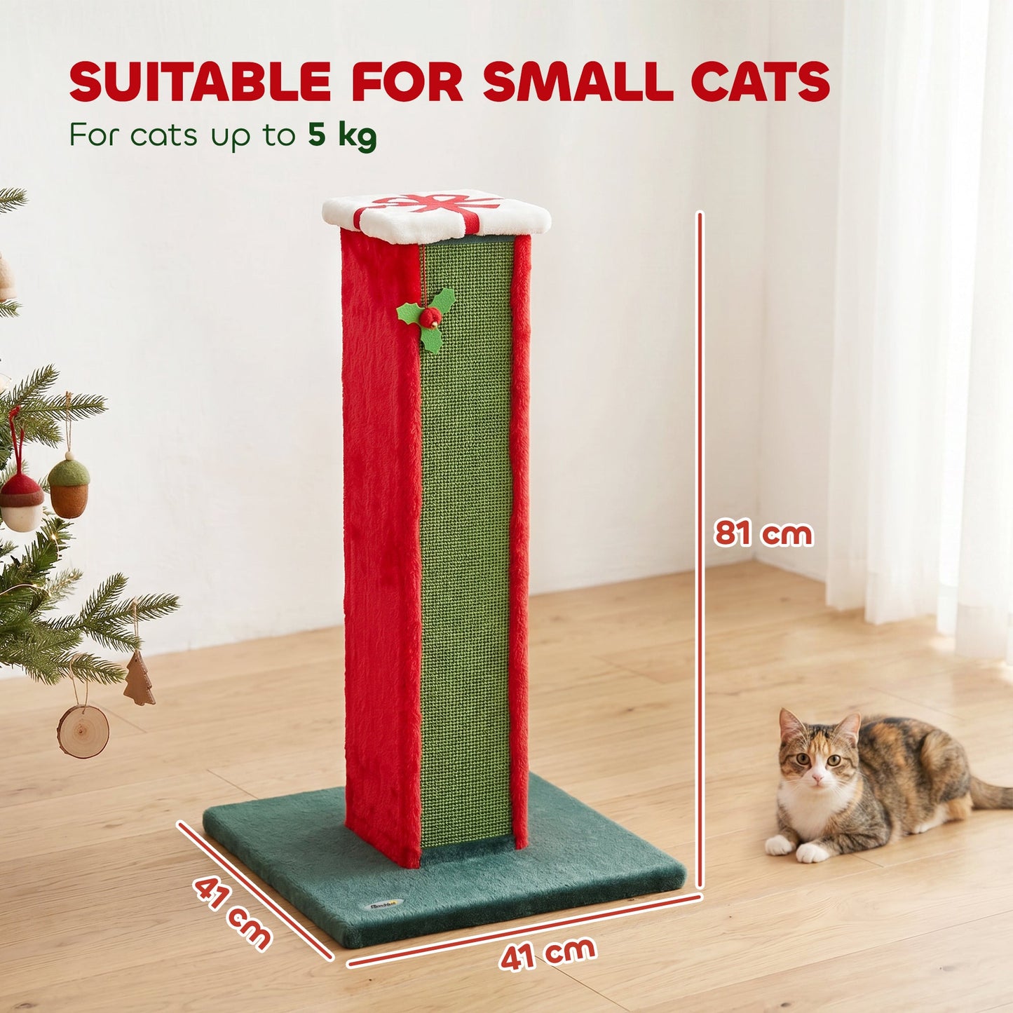 PawHut Cat Scratching Post for Indoor Cats, 81cm Tall Cat Scratcher with Sisal Rope, Hanging Bell Toy, Stable Base, Green & Red