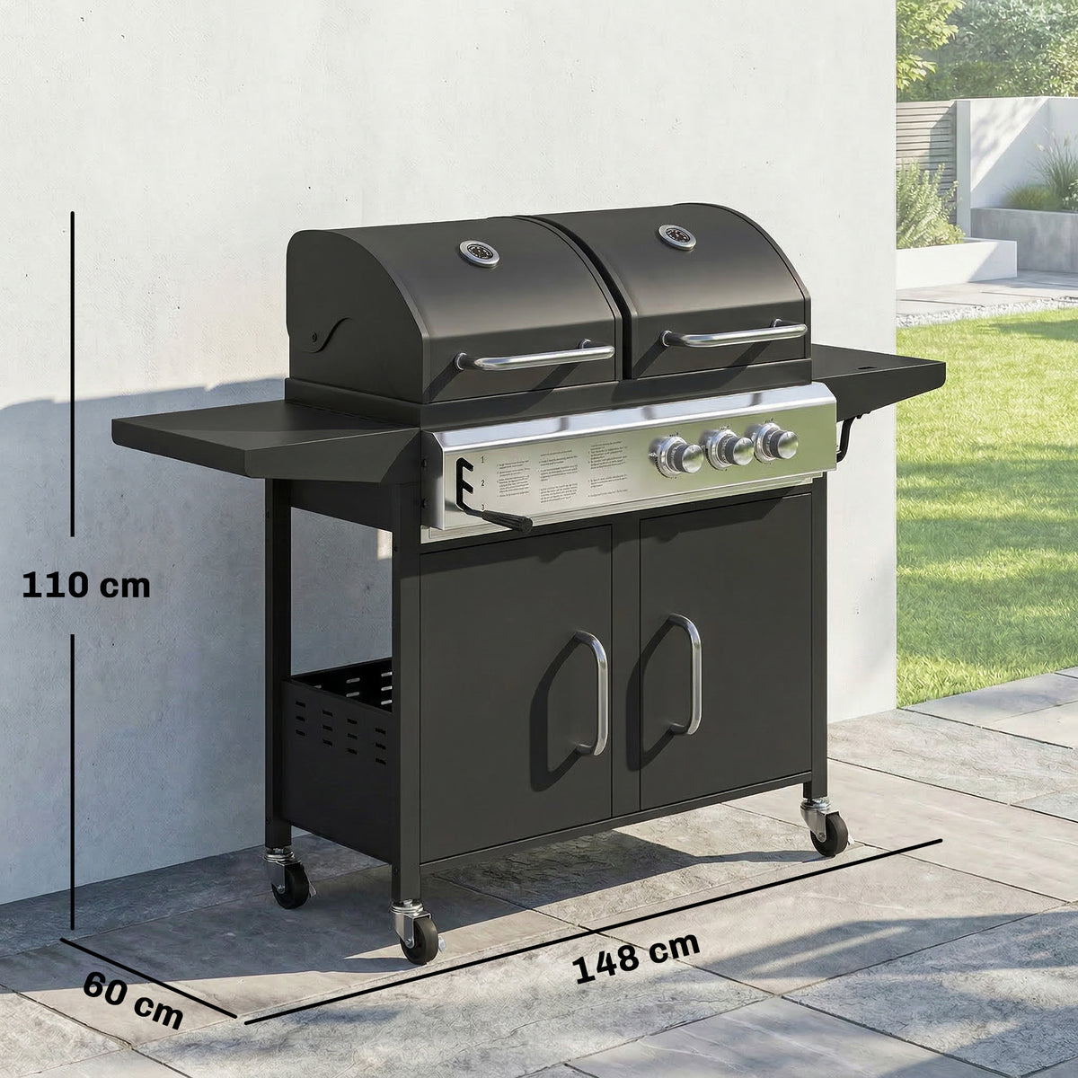 Outsunny 2+1 Burner Hybrid Dual Fuel BBQ Gas Grill in Black