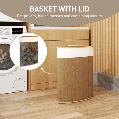HOMCOM Bamboo Laundry Basket with Lid, 55L Corner Laundry Hamper with Removable Washable Liner Bag, Bathroom Triangle Washing Basket, 35 x 35 x 60 cm, Brown