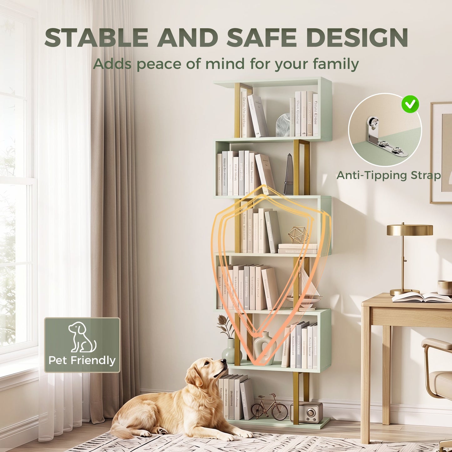 HOMCOM S-Shaped Bookshelf, 5-Tier Bookcase, Freestanding Storage Shelves with Anti-Tip Strap for Living Room, Light Green