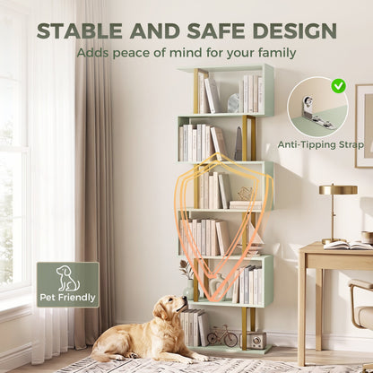 HOMCOM S-Shaped Bookshelf, 5-Tier Bookcase, Freestanding Storage Shelves with Anti-Tip Strap for Living Room, Light Green