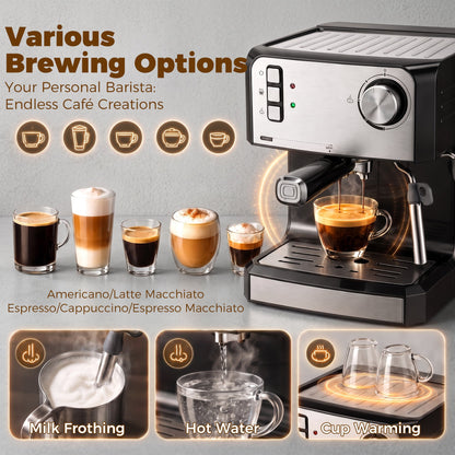 HOMCOM Espresso Machine, 20-Bar Semi Automatic Cappuccino Coffee Maker with Frother Wand, 1.6 L Water Tank, Black