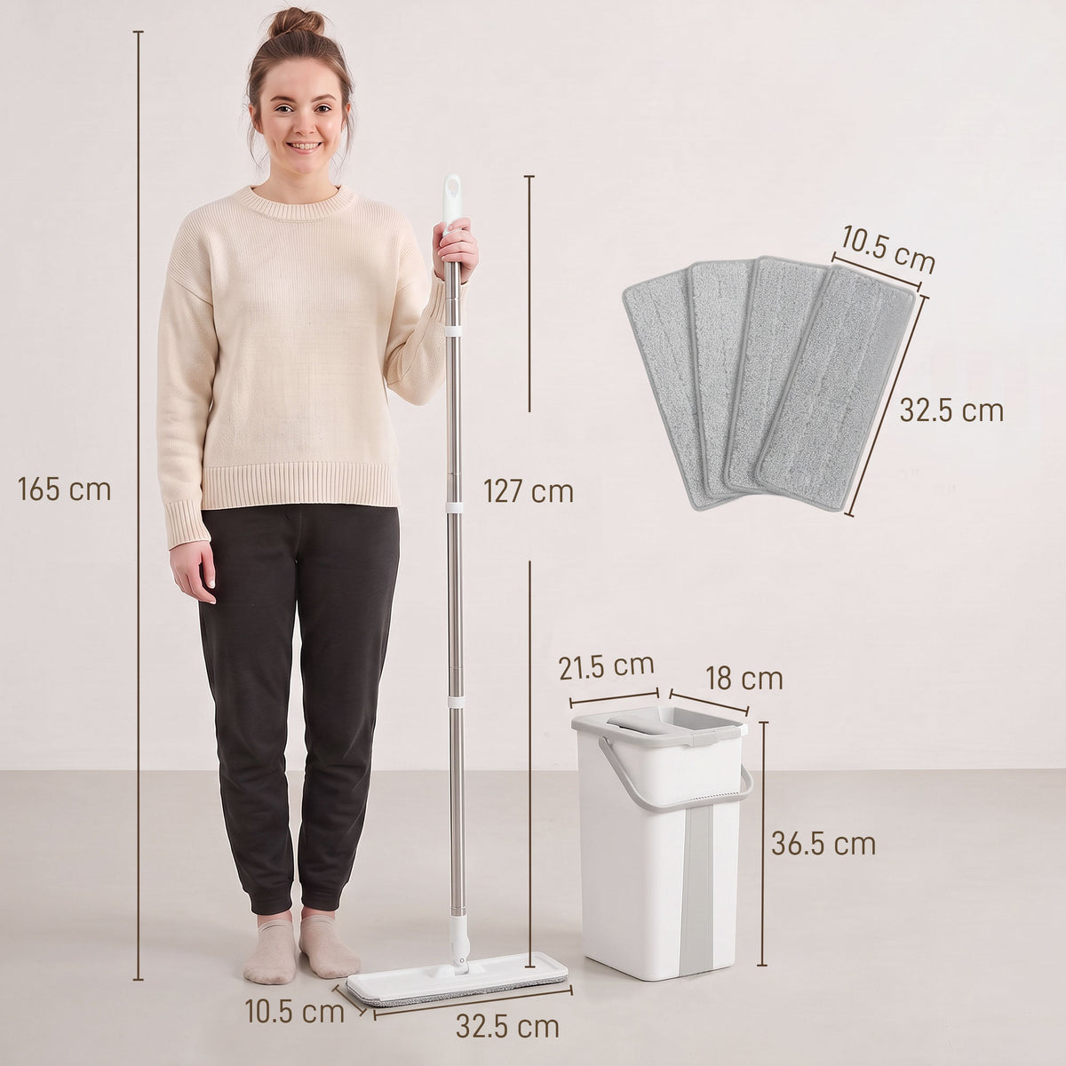 HOMCOM Mop and Bucket Set, Compact Flat Mop System with Wringer, 2-Chamber Design, 5 Reusable Pads, 127cm Handle, White