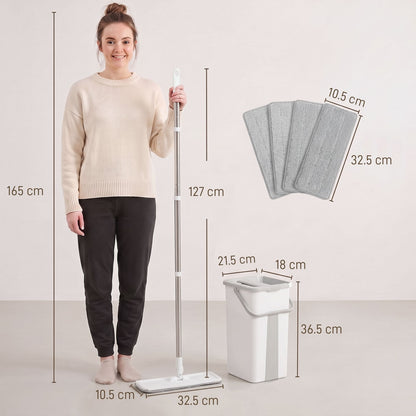 HOMCOM Mop and Bucket Set, Compact Flat Mop System with Wringer, 2-Chamber Design, 5 Reusable Pads, 127cm Handle, White