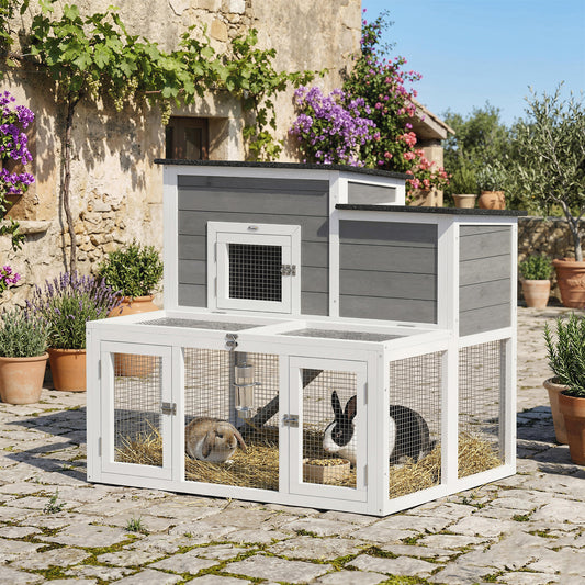 PawHut Wooden Rabbit Hutch in Grey and Black and White