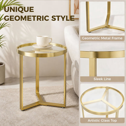 HOMCOM Round Side Table with Tempered Glass Top and Geometric Metal Frame for Small Space, Gold Tone