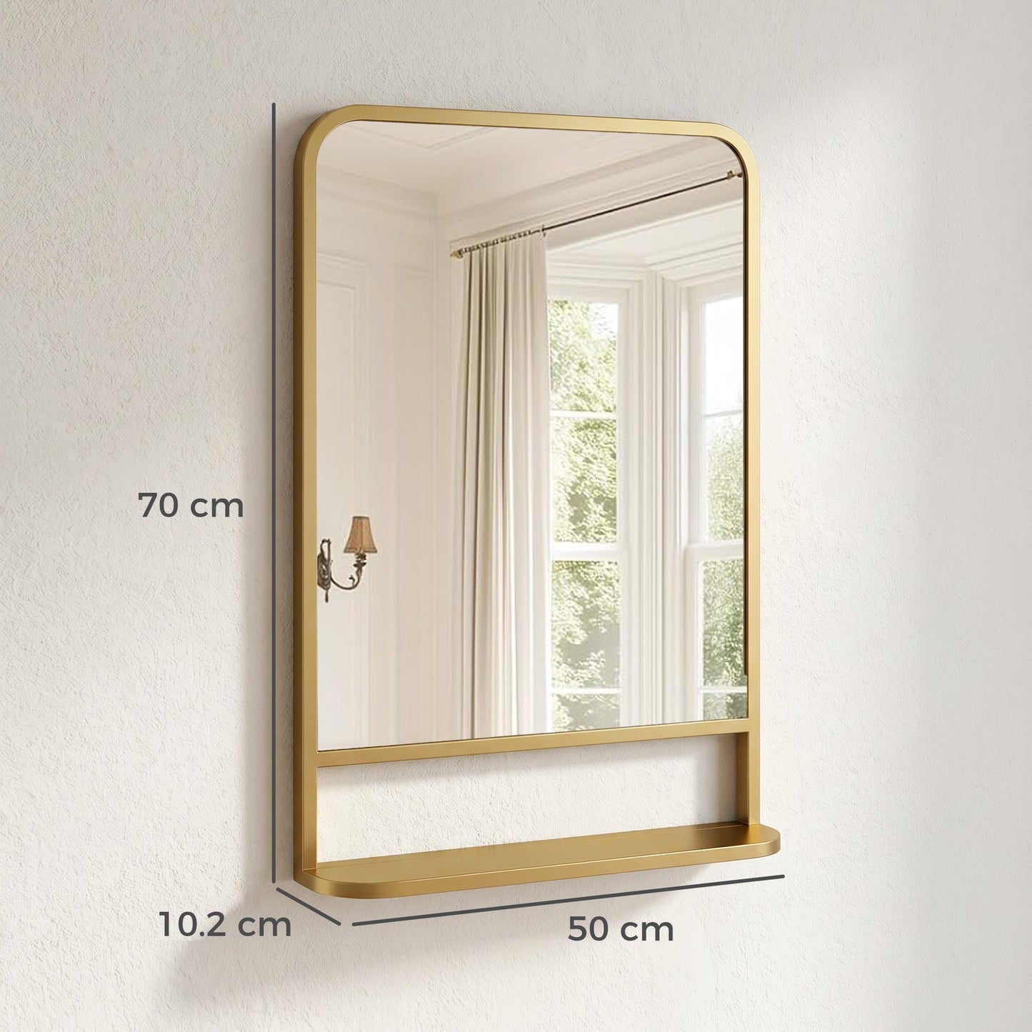 HOMCOM Modern Rectangular Wall Mirror with Storage Shelf, 70 x 50 cm, Gold Tone