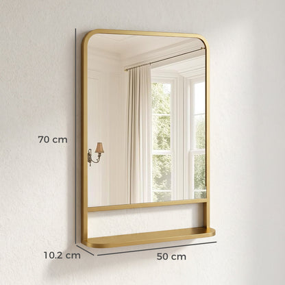 HOMCOM Modern Rectangular Wall Mirror with Storage Shelf, 70 x 50 cm, Gold Tone