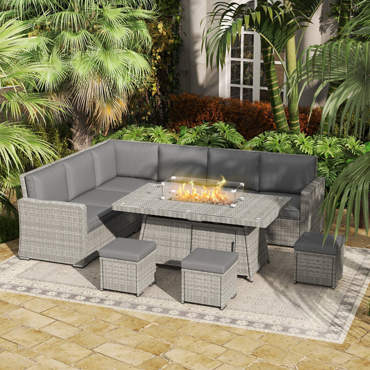 طقم أريكة من الراتان Outsunny Seven-Piece Firepit Table - رمادي