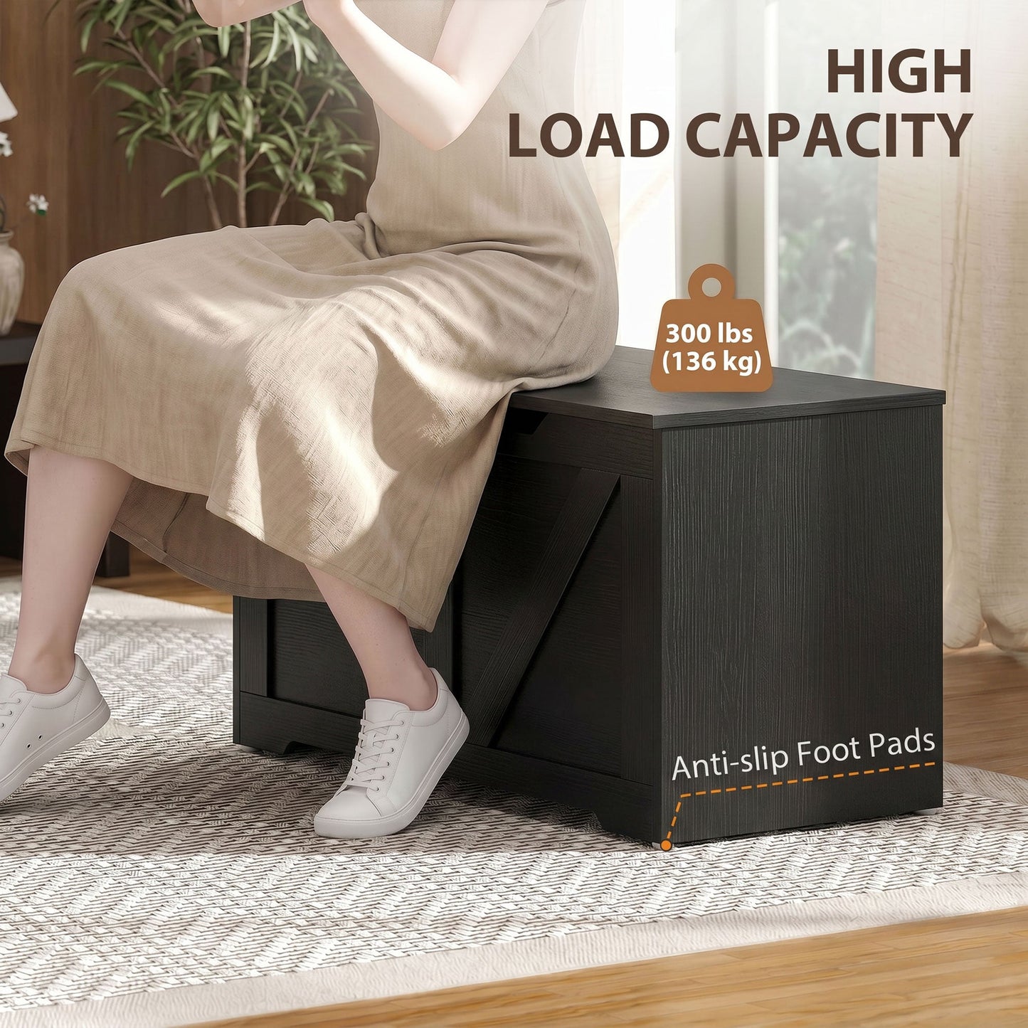 HOMCOM 100L Home Storage Box, with Safety Hinge - Black Wood-Effect