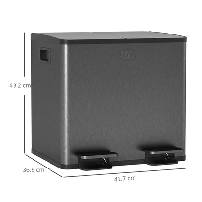 HOMCOM 30L Dual Compartment Stainless Steel Bin, with Deodoriser Holders - Black