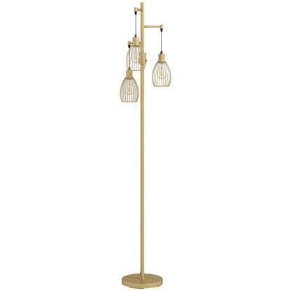 HOMCOM 170.5cm Industrial Dimmable Standing Lamp, 3-Light Floor Lamp with Steel Wire Cage Lampshades, Gold Tone