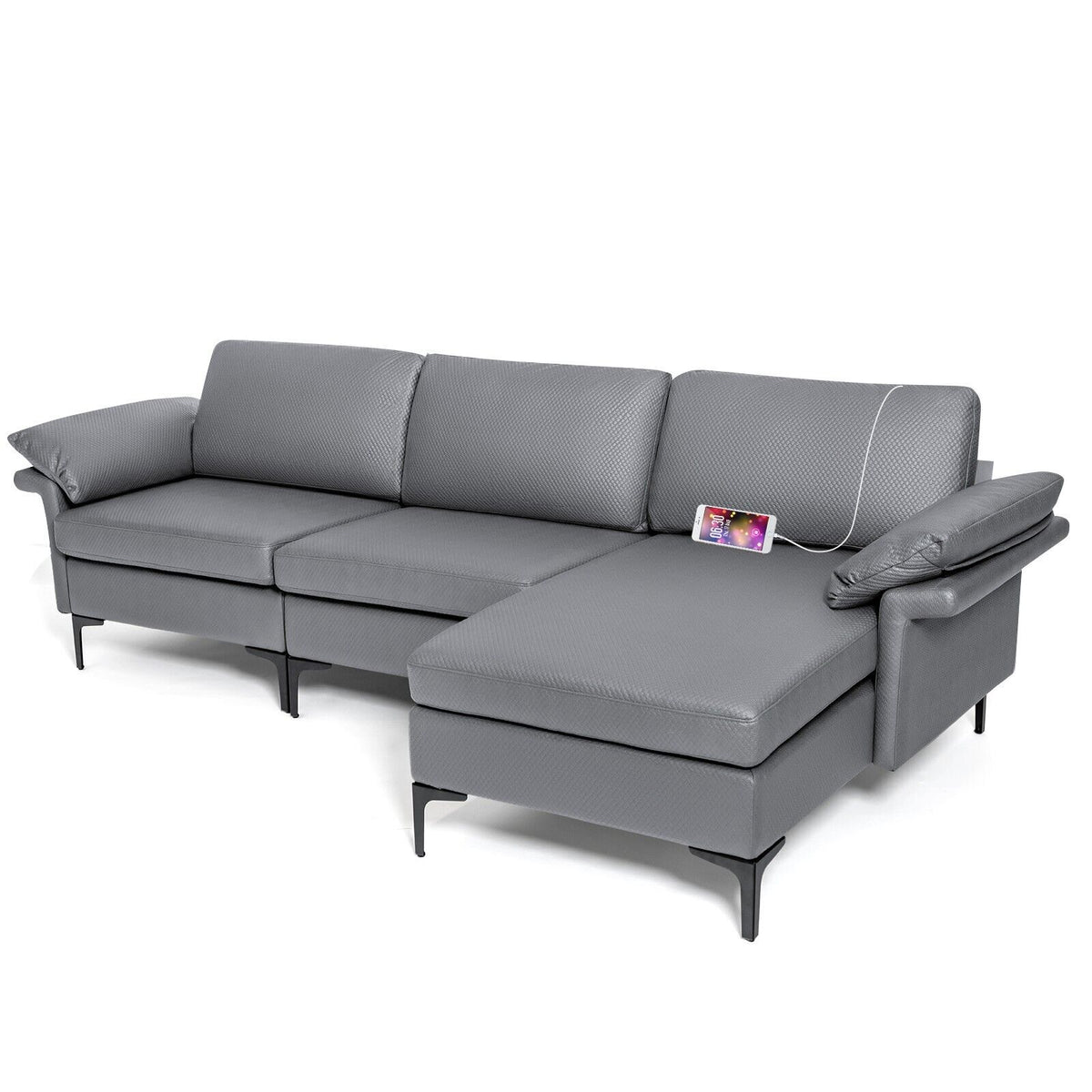Grey upholstered sectional sofa with phone charging on the armrest
