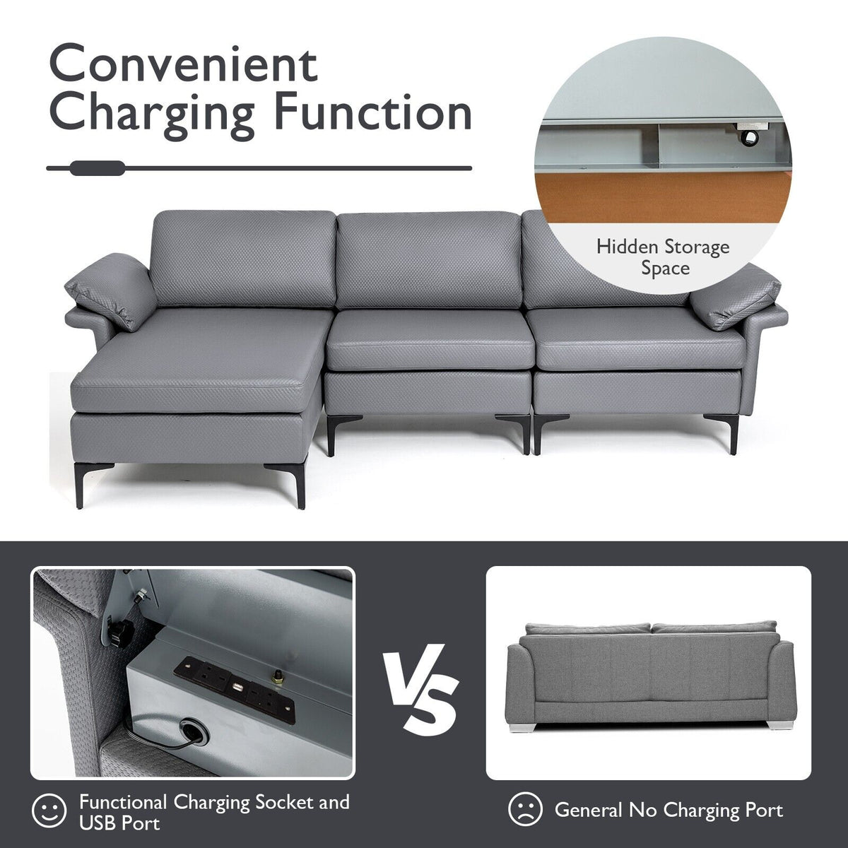 Close up of the charging function and hidden storage of the grey sectional sofa