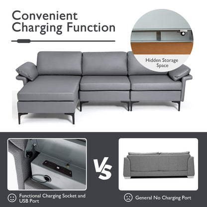 Close up of the charging function and hidden storage of the grey sectional sofa