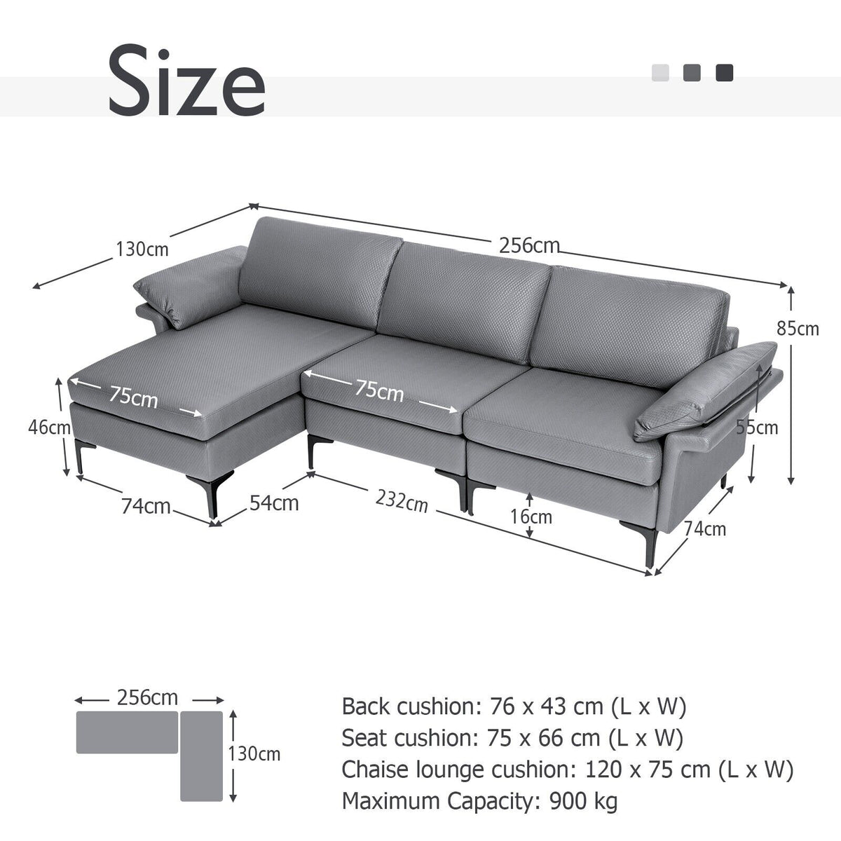 Size diagram of the grey upholstered sectional sofa with dimensions