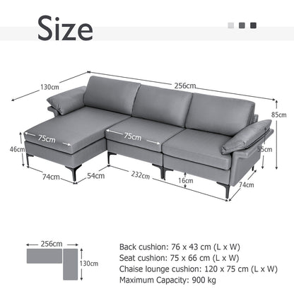 Size diagram of the grey upholstered sectional sofa with dimensions