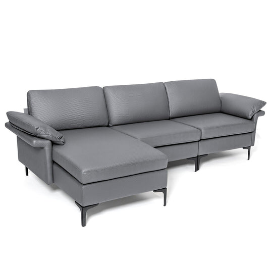 L-shaped 3-Seat Upholstered Sectional Sofa in grey upholstery with black metal legs