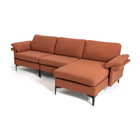 L-shaped 3-Seat Upholstered Sectional Sofa in red with black metal legs on a white background