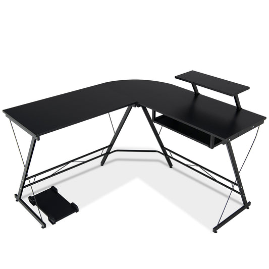 L-Shaped Computer Desk in black with a movable host stand and a removable monitor shelf