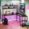 L-Shaped Gaming Desk with LED Strip and Power Outlets-Grey