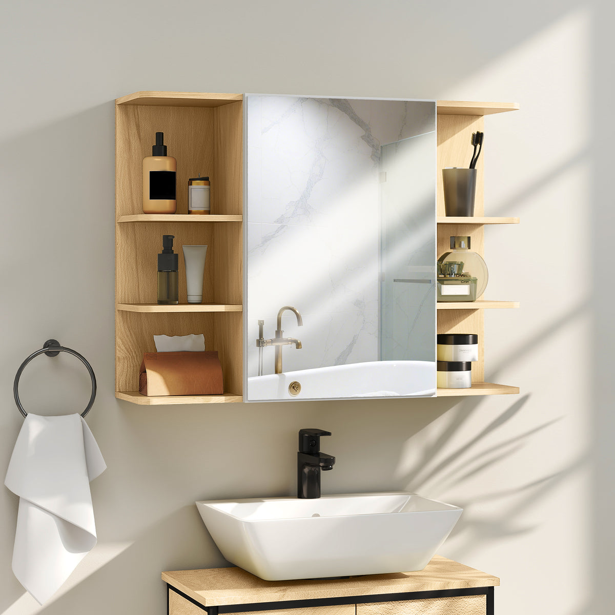 HOMCOM Bathroom Mirror Cabinet with Open Storage Shelves in a Natural Wood Finish