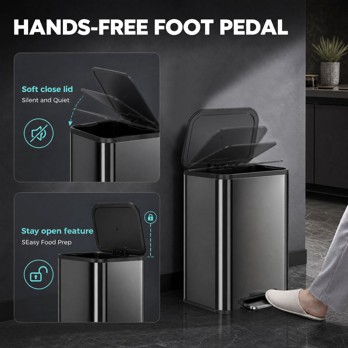 HOMCOM 50L Kitchen Bin in High Gloss Black